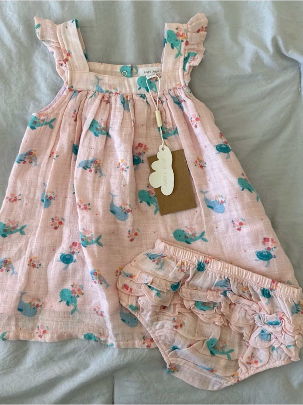 Angel Dear Pink Whale Muslin Dress & Bloomer Set